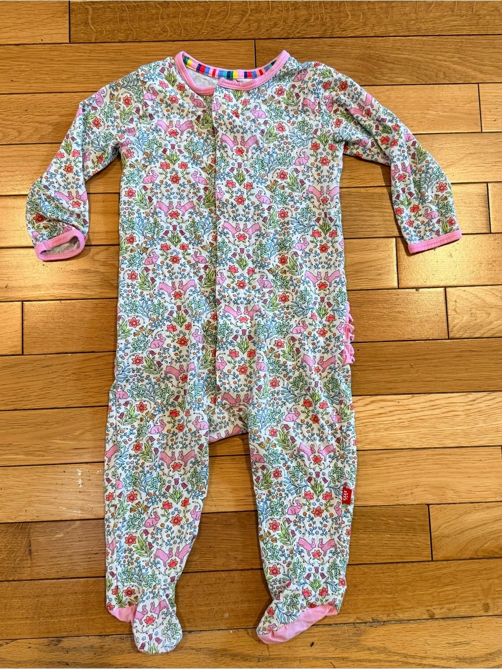 Magnetic me modal Floral Footed One-Piece Sleeper Pink with bunnies